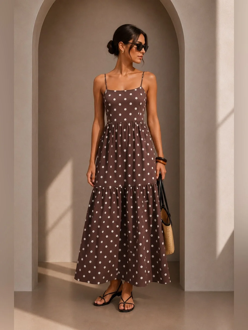 Commense Brown & White Polka Dot Spaghetti-Strap Tiered Maxi Dress - Picture 1 of 8
